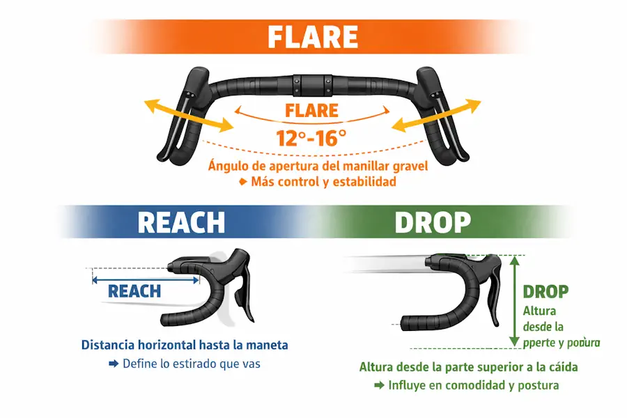 MANILLARES GRAVEL INICIACIÓN. GUIA PARA ELEGIR 2 Diagrama del manillar gravel mostrando el flare, el reach y el drop, con explicación visual de la geometría y ergonomía del manillar para ciclismo gravel.